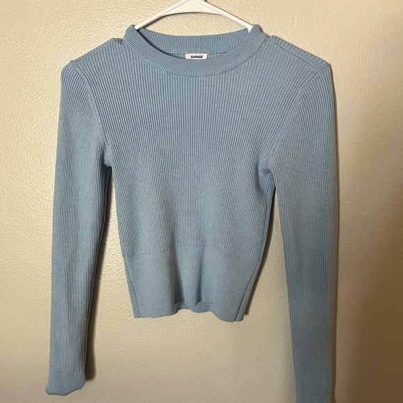 Garage Sky Blue Ribbed Knit Long Sleeve Top Cropped - Picture 1 of 6